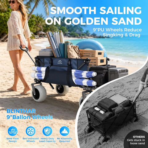 Rugged Beach Ready Wagon With 9 Inch Sand Proof Wheels, loaded with beach gear on a sunny shore, easy hauling for surfboards and tents