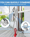 10Pcs M15 Single Pulley Block Set in 304 Stainless Steel with wire rope hanging wheel and 10 spring snap hooks outdoors
