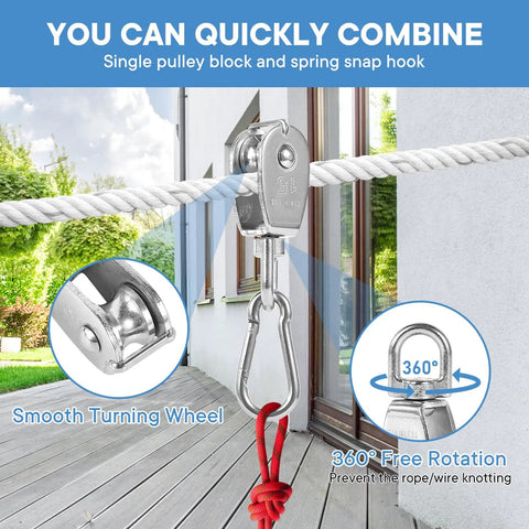 10Pcs M15 Single Pulley Block Set in 304 Stainless Steel with wire rope hanging wheel and 10 spring snap hooks outdoors