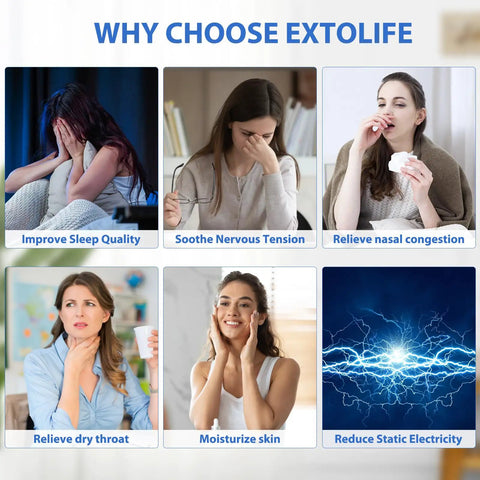 Image showing benefits of Extolife products: sleep quality, soothe tension, nasal relief, throat comfort, skin moisture, reduce static.