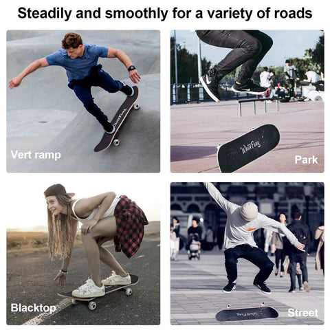 Different skateboarders using Beginner Friendly Complete Skateboard 31.75 Inch Long 7.88 Inch Wide Deck for tricks on various terrains