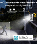 Two Pack Wireless Outdoor Security Cameras With True Color Night Vision AI Motion Detection And Spotlight Siren Alarm Battery Powered Two Way Audio Weatherproof Home Surveillance System installed on house wall with spotlight on.