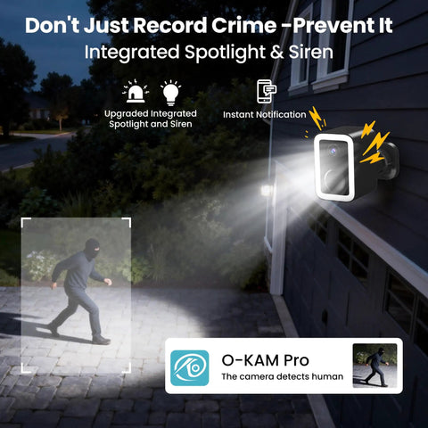 Two Pack Wireless Outdoor Security Cameras With True Color Night Vision AI Motion Detection And Spotlight Siren Alarm Battery Powered Two Way Audio Weatherproof Home Surveillance System installed on house wall with spotlight on.