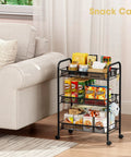 Three Tier Metal Rolling Cart With Mesh Wire Shelving And Wheels next to sofa, used as a snack cart with side hooks for storage