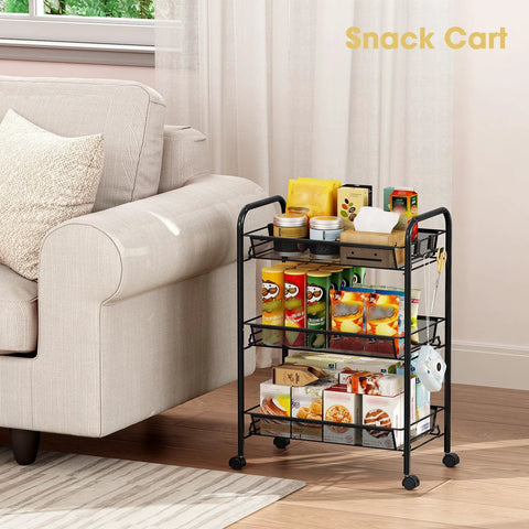 Three Tier Metal Rolling Cart With Mesh Wire Shelving And Wheels next to sofa, used as a snack cart with side hooks for storage