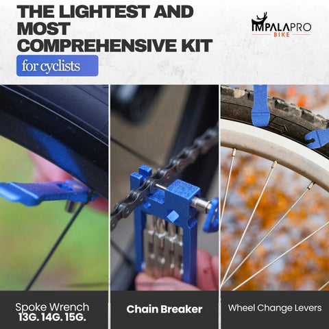 Lightweight 20 In 1 Bike Multitool Kit With Chain Breaker for MTB repairs showing spoke wrench and change levers in use