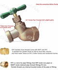 Heavy Duty Solid Brass Garden Hose Bib With 3/4 Inch Fip Inlet And Male Hose Thread Outlet No Kink water faucet with green handle.