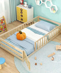 Totally Kid Approved Wooden Floor Bed With Secure Lockable Door And Heavy Duty Guardrails, Low Profile Montessori Sleeping Platform For Toddlers in a colorful playroom.