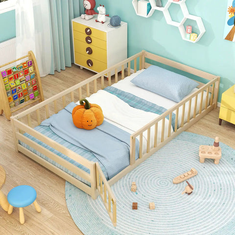 Totally Kid Approved Wooden Floor Bed With Secure Lockable Door And Heavy Duty Guardrails, Low Profile Montessori Sleeping Platform For Toddlers in a colorful playroom.