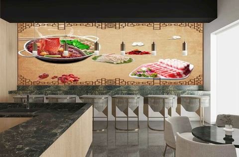 High Definition 3D Wall Covering Showcasing A Flavorful Meat Herb Roll Spice Print To Seriously Level Up Your Cafe Or Restaurant Digs With Bold Commercial Style And A Fresh Vibe Across A Generous 17 By 16 Foot Surface, featuring a hot pot display and colorful ingredients.