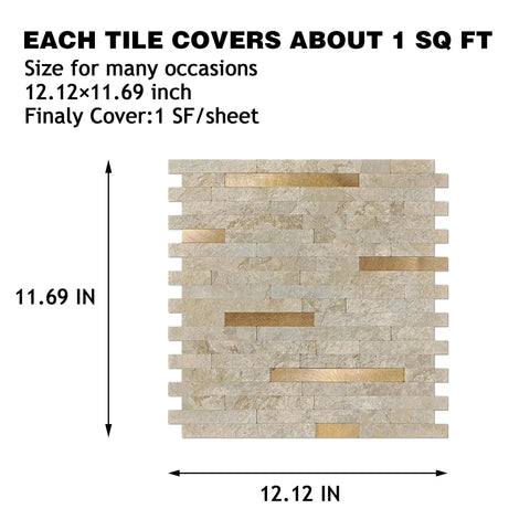 Peel And Stick Marble Backsplash Tile 10 Sheets In Marble Stone Beige With Vintage Golden Stripes, single tile size shown.