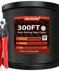 Marine Grade Black Cable Railing Wire Rope 300ft One Eighth Inch T316L Stainless Steel 7x7 Strand For Stair Deck Railing System Cutter Included