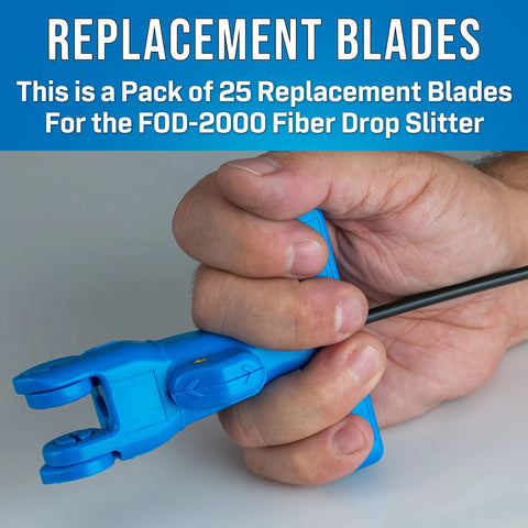 Hand holding a blue fiber drop slitter tool with black cable, shown with FOD RB25 Replacement Blades Pack Of 25 description.
