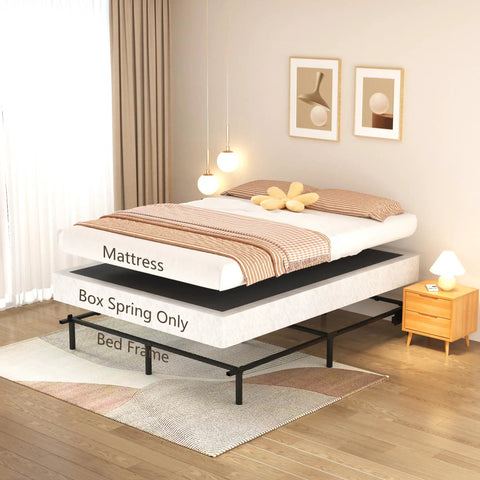 Full Size 5 Inch Low Profile Metal Box Spring Built Tough With Reinforced Steel Rails And Straight Up Rock Solid Support For Thick Mattresses Durable Foundation, layered with mattress and bed frame.