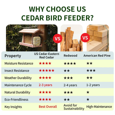 Comparison of US Cedar Outdoor Bird Feeder With Hanging Design Handcrafted Wood Double Suet Cage Clear View Windows vs other woods