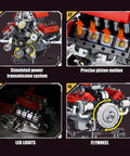 4 views of V8 Engine Model Kit With 8 Cylinder Visible Engine, LED Lights, Motor, And App Control showing details like piston motion.