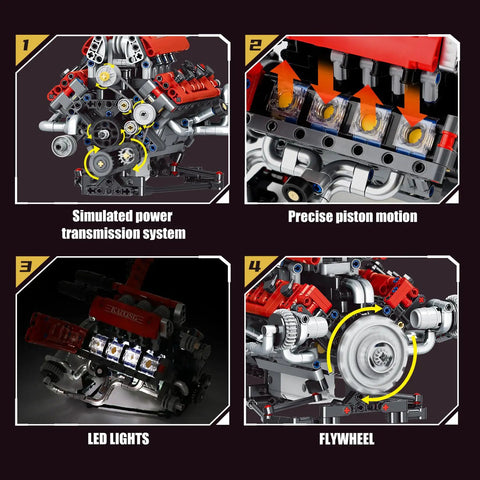 4 views of V8 Engine Model Kit With 8 Cylinder Visible Engine, LED Lights, Motor, And App Control showing details like piston motion.