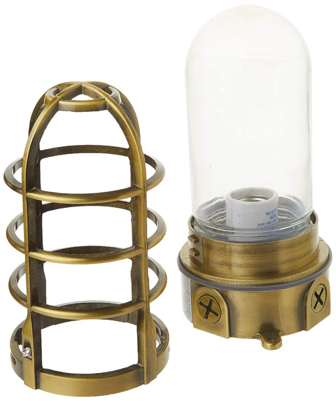 Vandal Resistant 150W Incandescent Security Light With Ceiling Mount, Antique Brass Finish showing cage and glass part