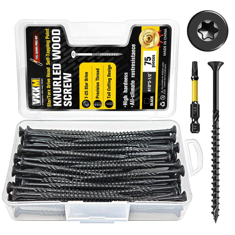 No 10 Three And A Half Inch Black Knurled Star Drive Wood Screws 75 Pack Self Tapping Deck Screws With Free T25 Bit in case