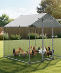 Metal Chicken Coop With Large Walk In Run And Cover, 6.56 Ft Square Spire Roof Hen House Enclosure in backyard with chickens