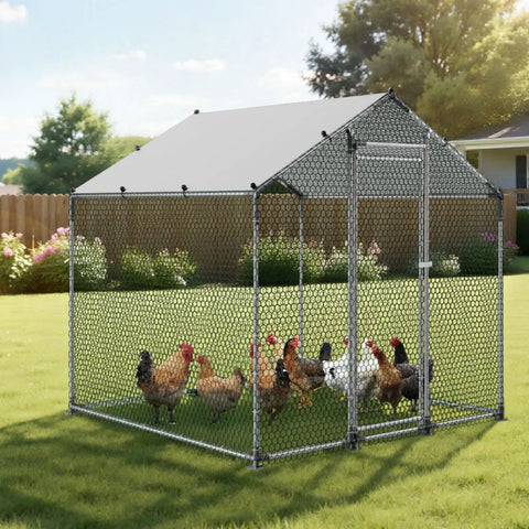 Metal Chicken Coop With Large Walk In Run And Cover, 6.56 Ft Square Spire Roof Hen House Enclosure in backyard with chickens