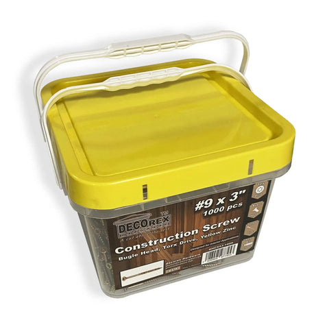 Contractor Favorite Heavy Duty Wood Construction Screws Size Nine By Three Inch 1000 count yellow screw storage container.