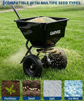 Beast Of A Heavy Duty Walk Behind Lawn Spreader With 80 Lb Capacity spreading seed on grass