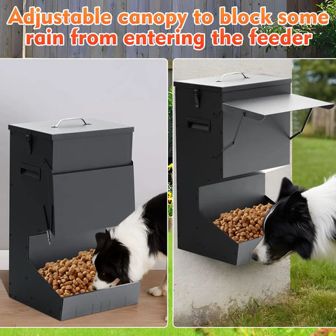 2 Pack Heavy Duty Automatic Dog Feeder With Tight Seal Lid 25 Pound Capacity Weather Resistant Outdoor Hanging Bowl Feeder For Big Guys with adjustable canopy.