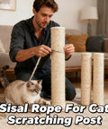 Person using 164ft natural sisal rope replacement for cat tree assembly with playful cat nearby in living room.