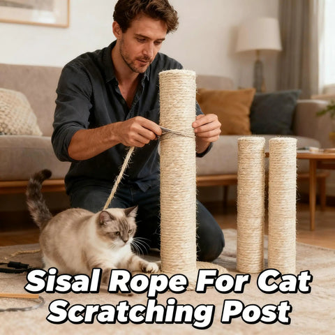Person using 164ft natural sisal rope replacement for cat tree assembly with playful cat nearby in living room.