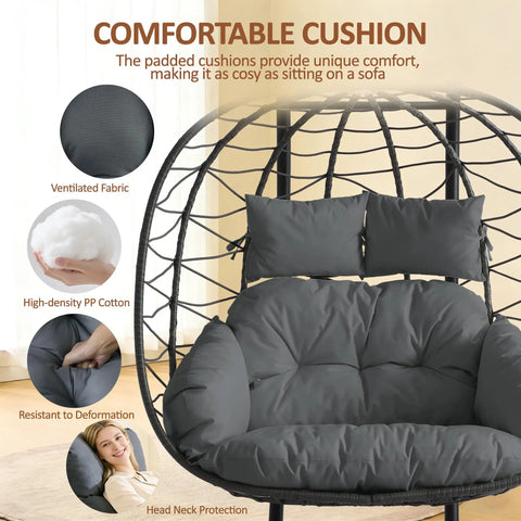 Close-up of dark gray cushion on Double Egg Chair With Stand For Indoor And Outdoor Use, 2 Person Hanging Rattan Wicker Swing.