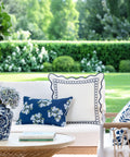 Coastal Lumbar Pillow Cover 12x20 Inches Water Repellent Outdoor Indoor Navy Blue Hydrangea Print on white garden sofa