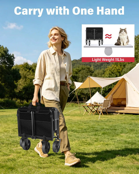 Person carrying All Terrain Folding Wagon Cart Heavy Duty Collapsible Utility Wagon For Grocery Shopping Sports Camping Garden Outdoor Gear Black 330LBS