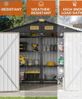 Weatherproof 8x6 Feet Outdoor Storage Shed with Lockable Doors, Galvanized Steel, Vent, Yard Bins and Tools Inside, Brown