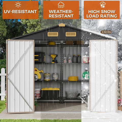 Weatherproof 8x6 Feet Outdoor Storage Shed with Lockable Doors, Galvanized Steel, Vent, Yard Bins and Tools Inside, Brown