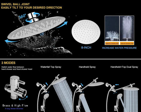 Diagram showing the Solid Brass G One Half Inch Shower Arm with All Metal Universal 3-Way Diverter Valve in chrome finish.