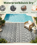 Waterproof 5x8 Outdoor Rug Mat for Patio Balcony RV Camping and Beach Reversible Boho Gray Plastic Straw Pattern by pool