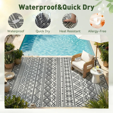 Waterproof 5x8 Outdoor Rug Mat for Patio Balcony RV Camping and Beach Reversible Boho Gray Plastic Straw Pattern by pool