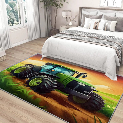 Construction Vehicle Rug 5x6 Foot Non Slip Low Pile Area Rug Machine Washable in bedroom with tractor pattern