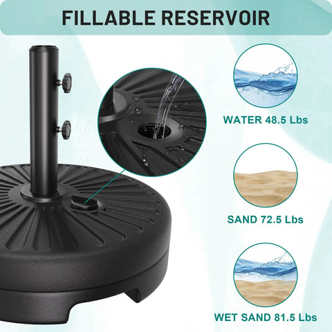 Beefed Up Heavy Duty Outdoor Umbrella Base For Market Umbrellas, 81.5 Lb Capacity Water Filled Base, black with fillable reservoir