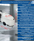 Heavy Duty Industrial Corded Floor Scrubber Workhorse With 16.3 Inch Brush And 1750 Square Meters Per Hour Cleaning Dual 31 Liter And 23 Liter Tanks Ideal For Airports Factories And Warehouses 110V Commercial Cleaning Machine in a factory setting with dimensions displayed.