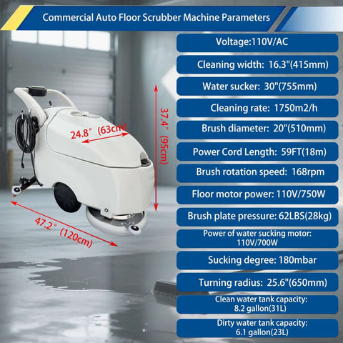Heavy Duty Industrial Corded Floor Scrubber Workhorse With 16.3 Inch Brush And 1750 Square Meters Per Hour Cleaning Dual 31 Liter And 23 Liter Tanks Ideal For Airports Factories And Warehouses 110V Commercial Cleaning Machine in a factory setting with dimensions displayed.