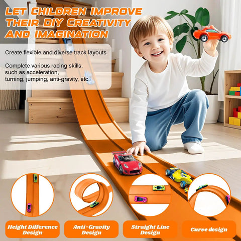 Child playing with Flexible 15ft Race Track Starter Set With Suction Cups Roll Up Portable Track For Diecast 1 64th Cars Easy Setup Dope