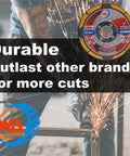 Cutting wheel in use with sparks flying, displaying 'Durable, Outlast other brands', 20 Pack 2 Inch Thin Cutting Wheels For Metal And Stainless Steel Cut Off Discs With Three Eighths Inch Arbor Heavy Duty Burr Free Fast Cutting For Die Grinders And Mini Benchtop Chop Saws.