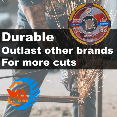 Cutting wheel in use with sparks flying, displaying 'Durable, Outlast other brands', 20 Pack 2 Inch Thin Cutting Wheels For Metal And Stainless Steel Cut Off Discs With Three Eighths Inch Arbor Heavy Duty Burr Free Fast Cutting For Die Grinders And Mini Benchtop Chop Saws.