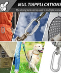 Collage showing five uses of Fifteen Pack Heavy Duty Chain Hooks And Quick Links In 304 Stainless Steel One Eighth Inch Locking Carabiners.