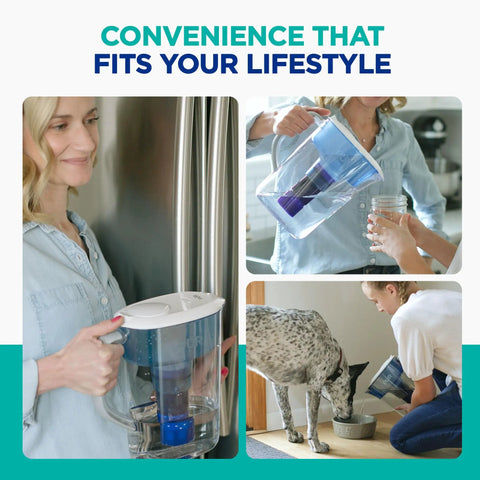 Person using 7-Cup Lead-Reducing Water Filter Pitcher Fridge-Ready, Delivers Crisp, Clean-Tasting Water With Powerful Filtration