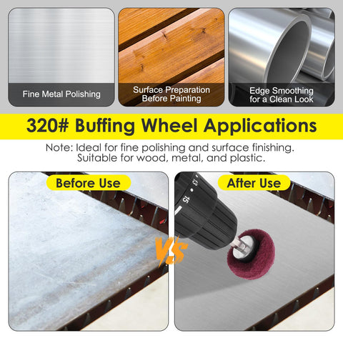 Before and after use of 7 Piece Non-Woven Abrasive Buffing Wheel Set For Drill With One Quarter Inch Shank on metal surface