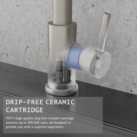 Built Tough Brushed Nickel Kitchen Faucet With Pull Down Sprayer And Three Spray Modes, Lead Free SUS304 Stainless Steel Construction, drip-free ceramic cartridge.