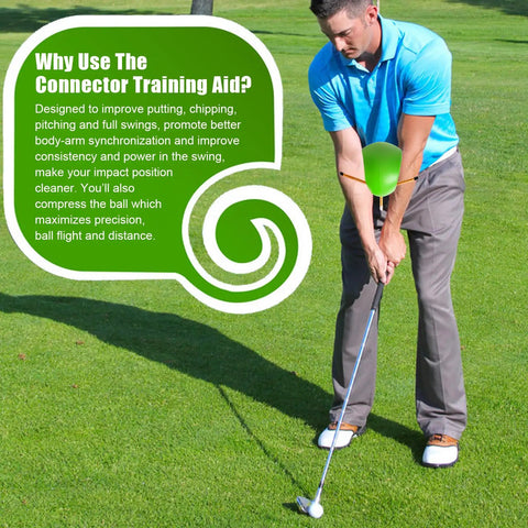 Golfer using Connector Golf Training Aid for Swing Mastery and Posture Correction, enhancing swing mechanics on green grass.
